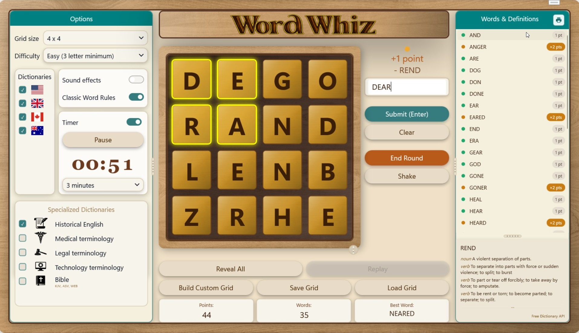 Word Whiz game board